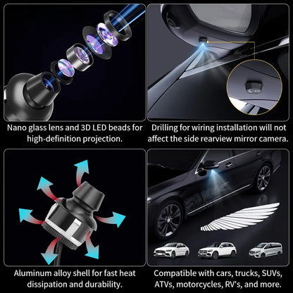 Angel Wing Car Door Projector Lights – Welcome Light, Mirror Mount, 30s Auto-Off