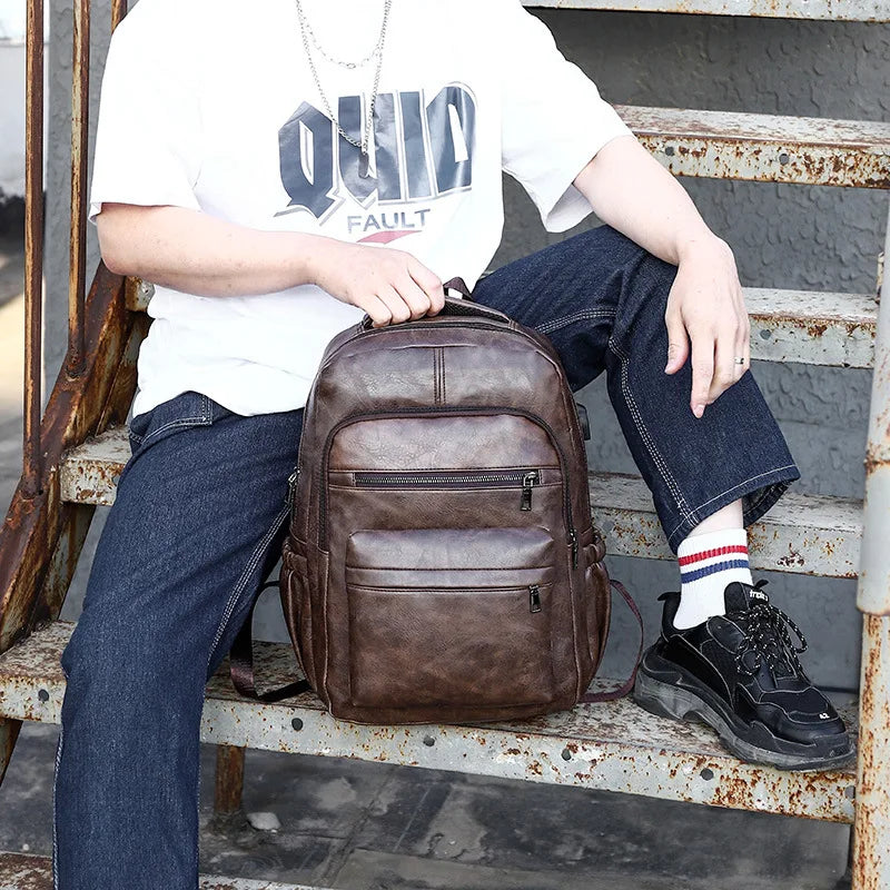 Men's PU Leather Laptop Backpack with USB Charging Port