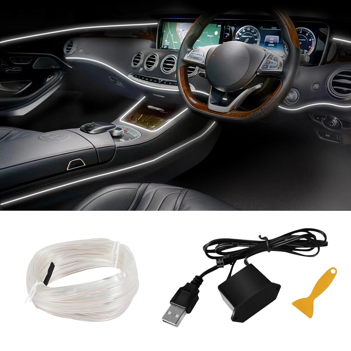 EL Wire Car Interior Ambient Light Strip – 5m, USB, Flexible Neon, 4 Colors