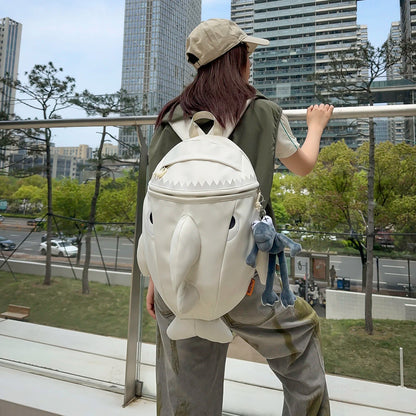 3D Shark Shape Backpack with Plush Pendant – Nylon, Large Capacity, Kids & Adults, Gray / White / Black