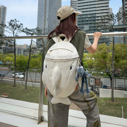 3D Shark Shape Backpack with Plush Pendant – Nylon, Large Capacity, Kids & Adults, Gray / White / Black