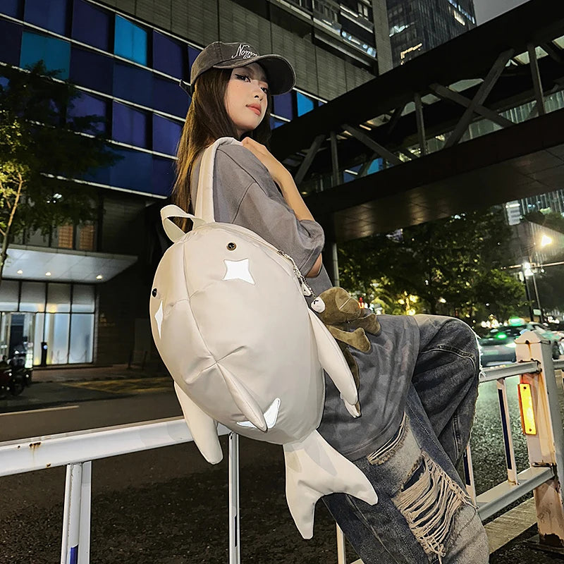Y2K Whale Shark Shape Backpack – Cute Cartoon Nylon Travel Bag with Rain Cover, Reflective Stripe