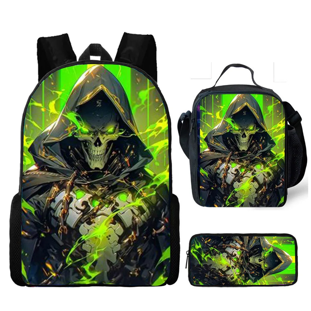 Skull Print School Backpack 3-Piece Set – Backpack, Lunch Bag & Pencil Case, Nylon, Unisex