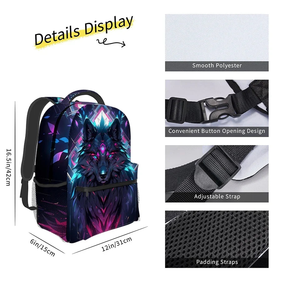 Wolf King 3D Cartoon School Backpack – Kids & Youth, Nylon, 42×31×15cm, Unisex