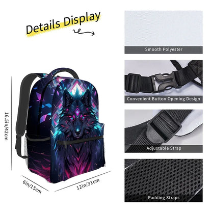 Wolf King 3D Cartoon School Backpack – Kids & Youth, Nylon, 42×31×15cm, Unisex