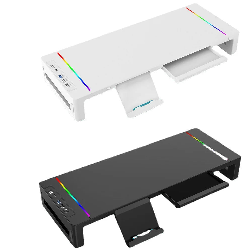 RGB Monitor Stand Riser with USB Hub, Fast Charging, Drawer & Phone Holder – Height Adjustable