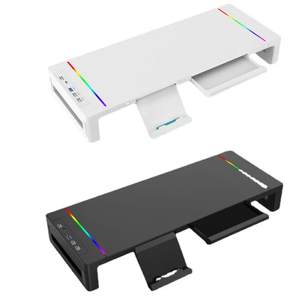 RGB Monitor Stand Riser with USB Hub, Fast Charging, Drawer & Phone Holder – Height Adjustable