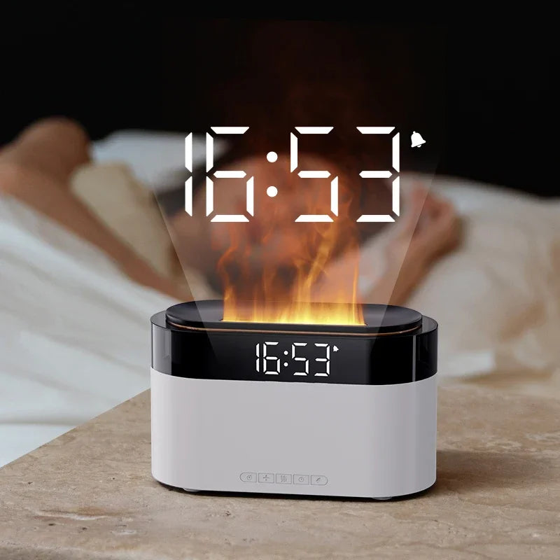 LED Clock Colorful Night Light with Flame Humidifier Ultrasonic Aromatherapy Diffuser with Remote Control