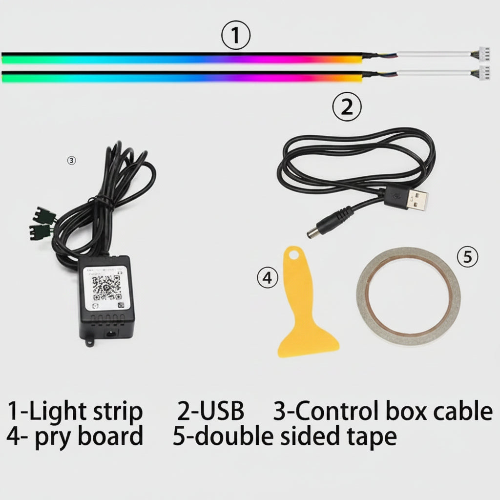 Set of LED light strip components including a light strip, USB cable, control box cable, pry board, and double-sided tape on a white background.
