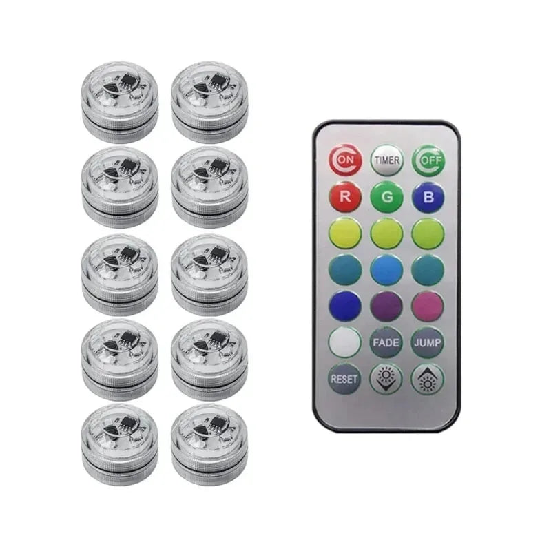 Set of LED lights with a remote control on a white background