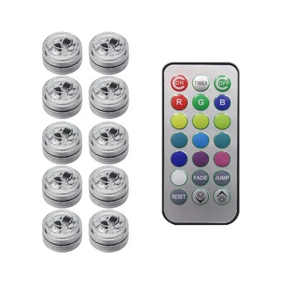 Set of LED lights with a remote control on a white background