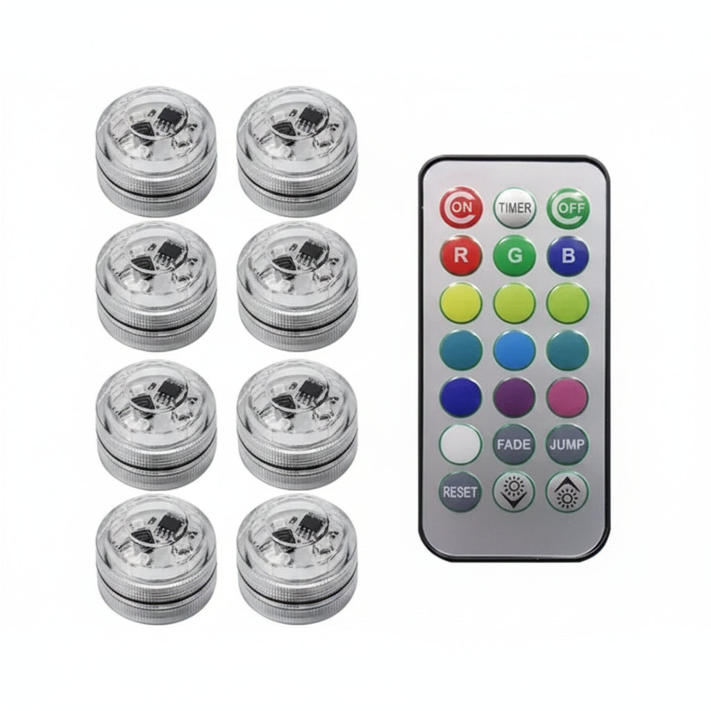 Set of LED lights with remote control on a white background