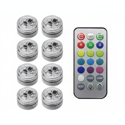 Set of LED lights with remote control on a white background