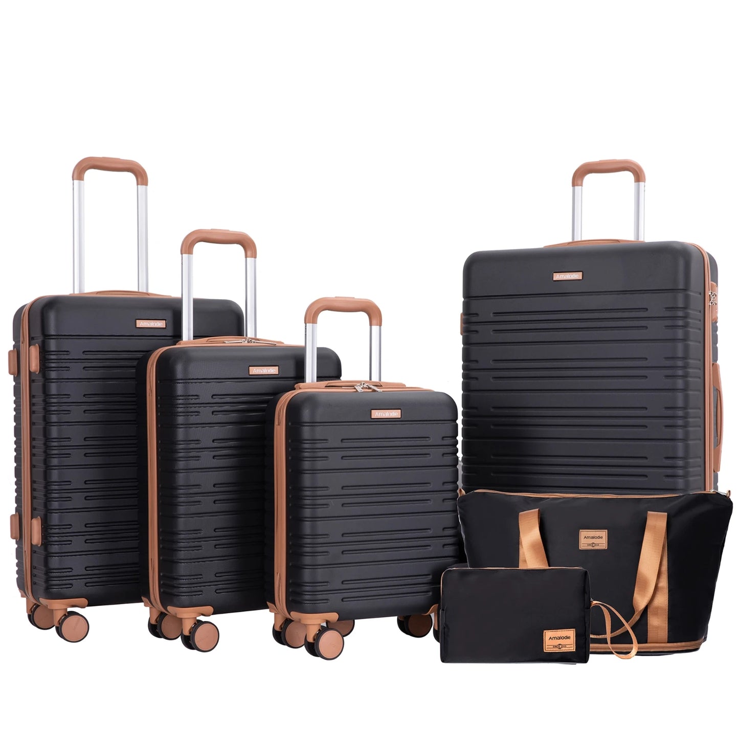 Set of black suitcases with brown handles and accents on a white background
