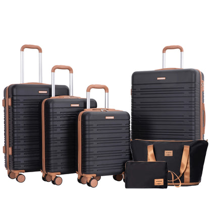 Set of black suitcases with brown handles and accents on a white background