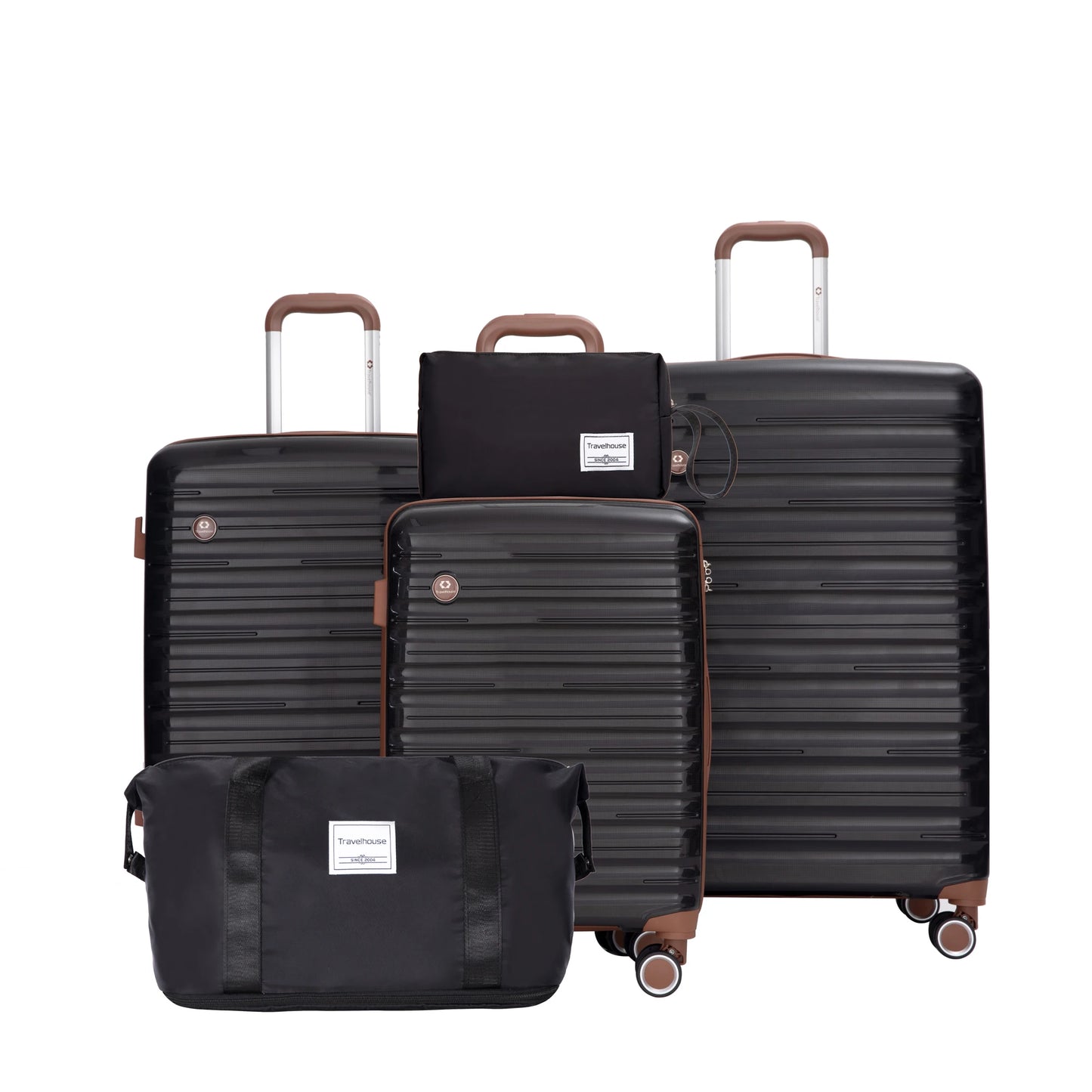 Set of black suitcases with brown handles and wheels on a white background