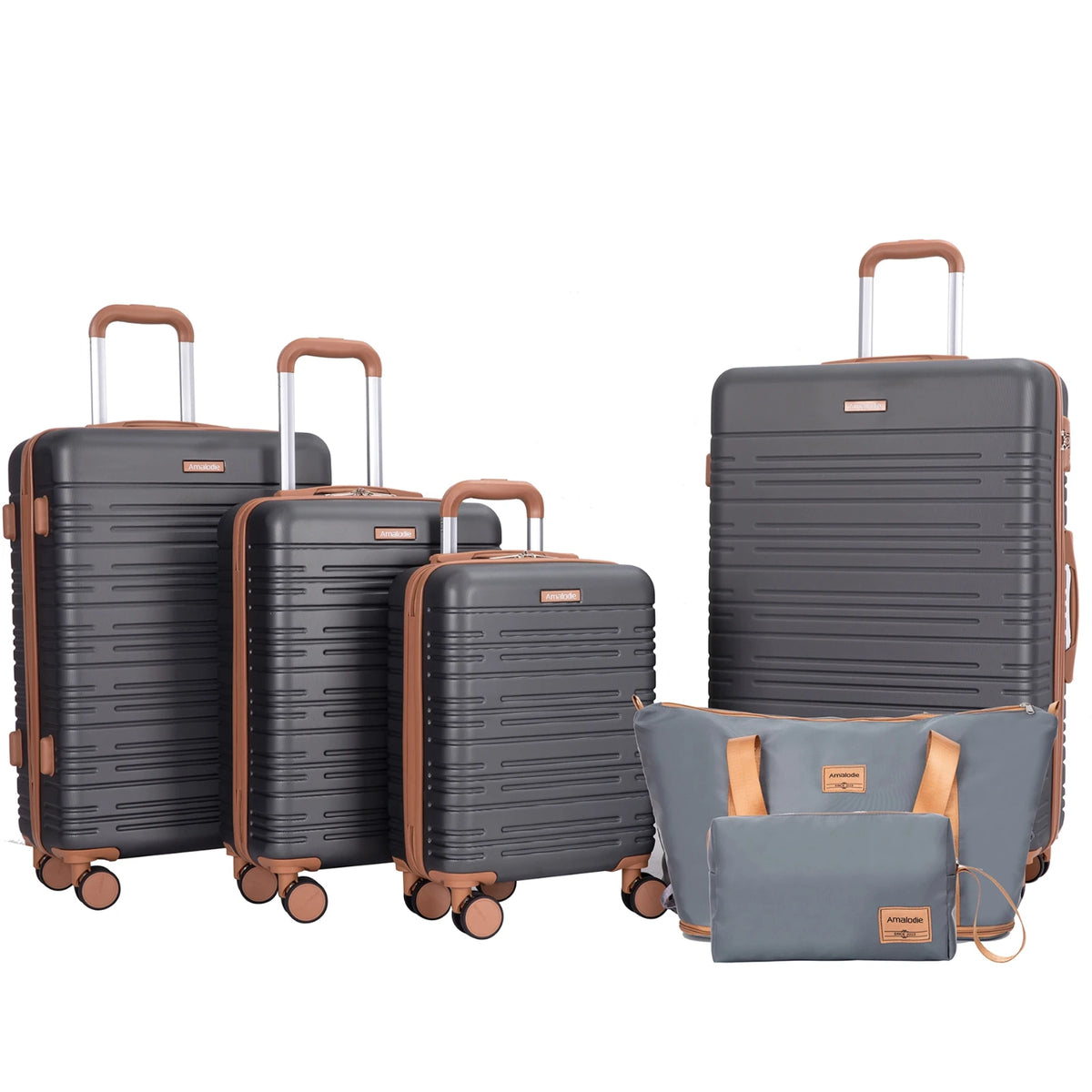 Set of gray suitcases with brown handles and wheels on a white background