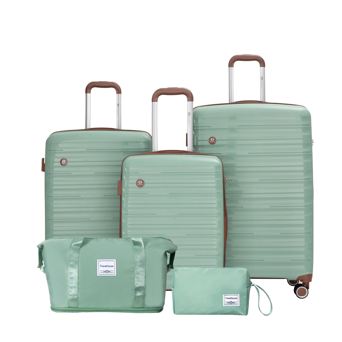 Set of green suitcases and travel bags on a white background
