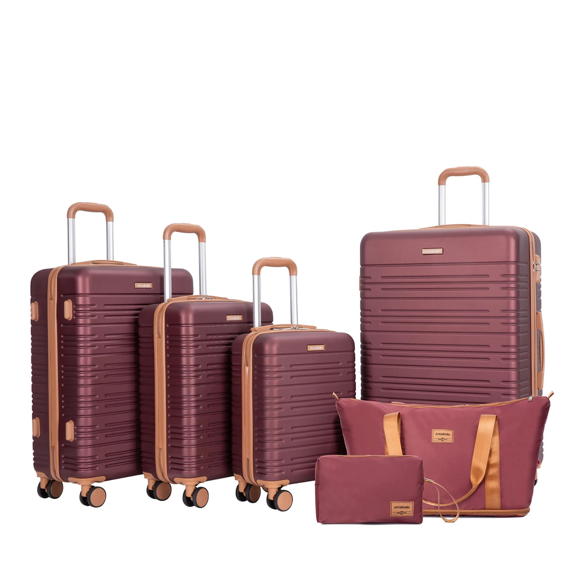 Set of maroon suitcases and travel bags with brown handles and wheels on a white background