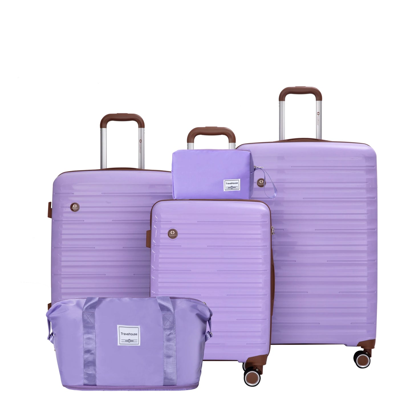 Set of purple suitcases with matching travel pouch on a white background