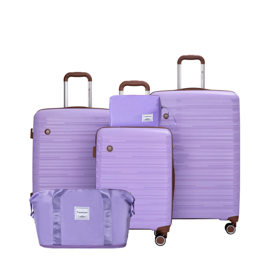 Set of purple suitcases with matching travel pouch on a white background