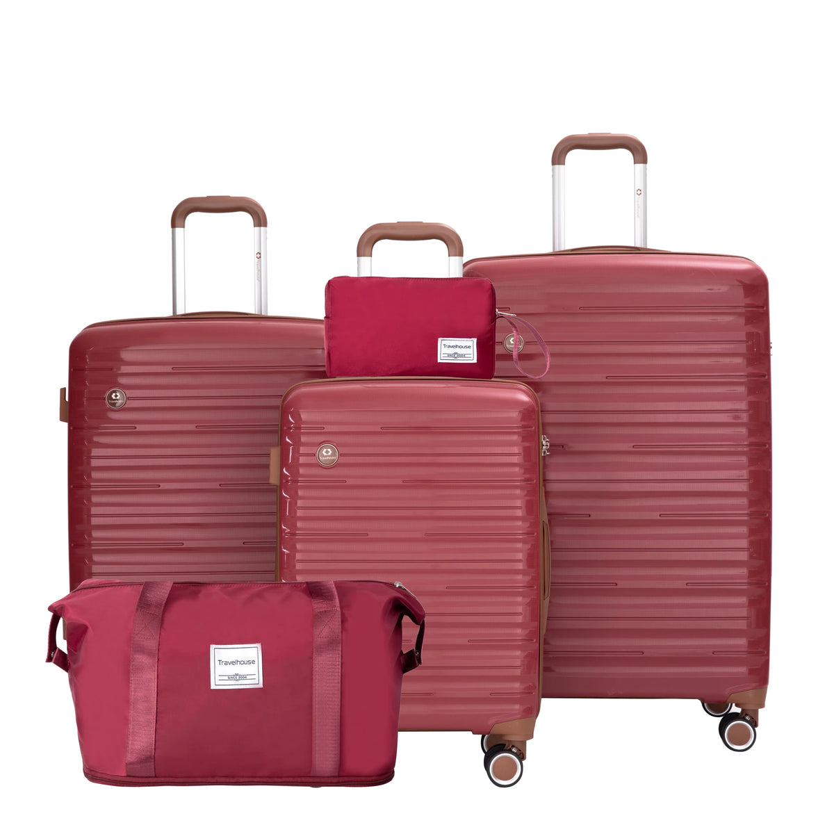 Set of red suitcases and bags on a white background