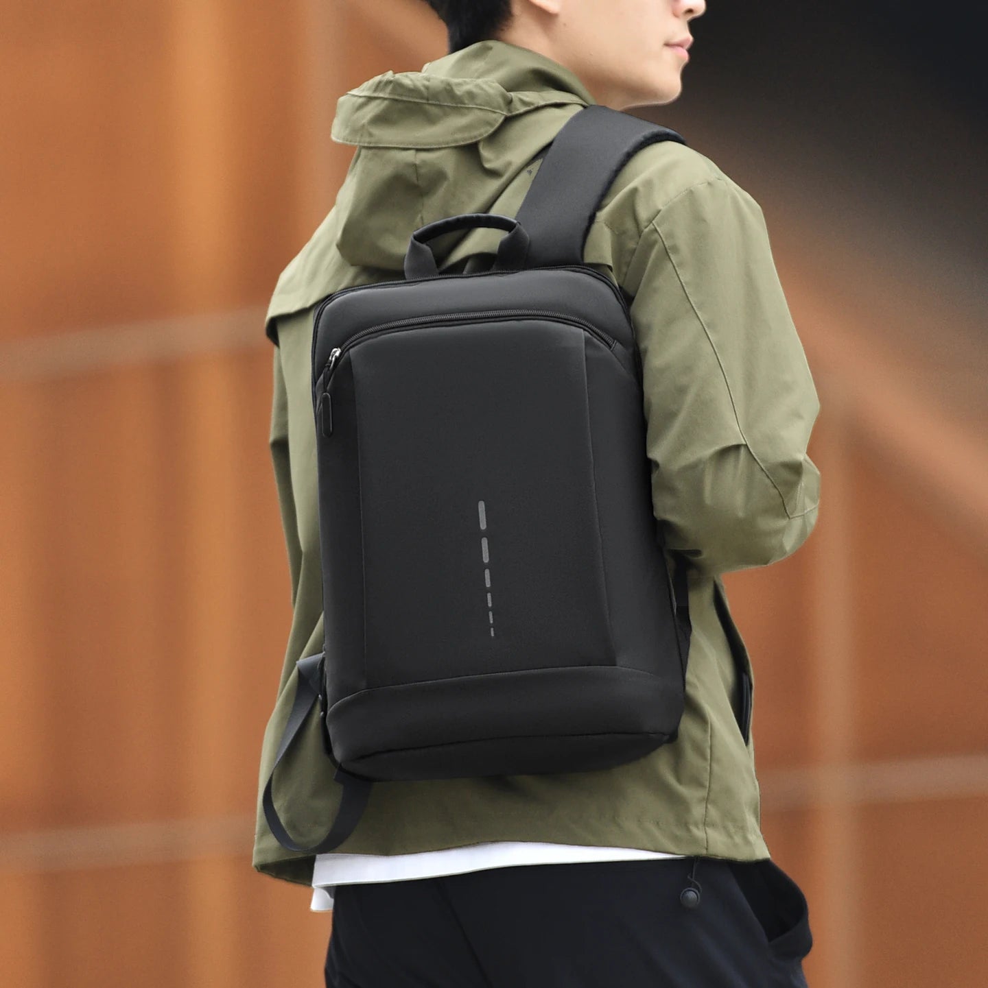 Men's Lightweight PU Laptop Backpack with Reflective Stripe