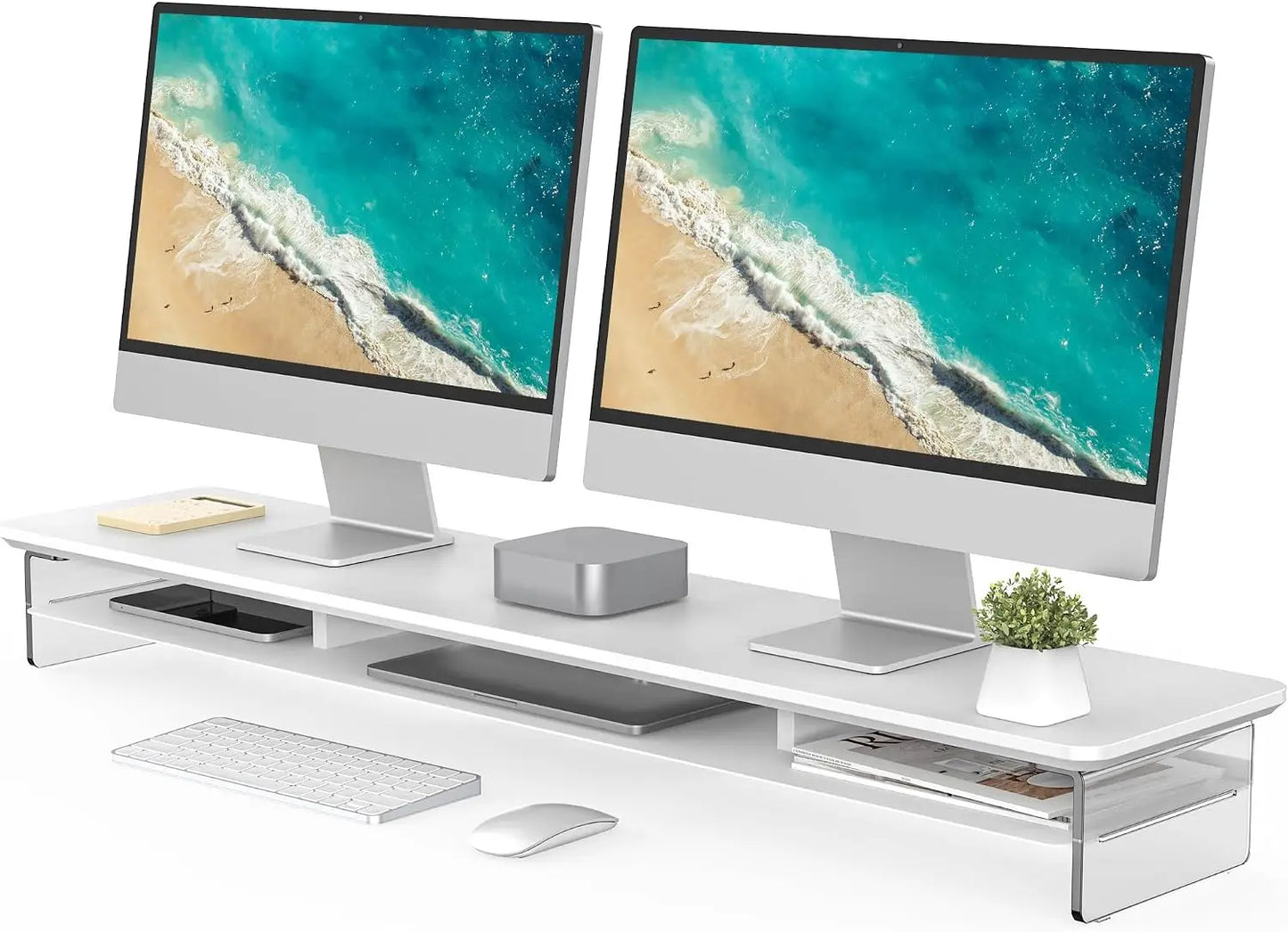 Acrylic Dual Monitor Stand Riser – Two-Tier Desk Organizer with Keyboard Storage Shelf