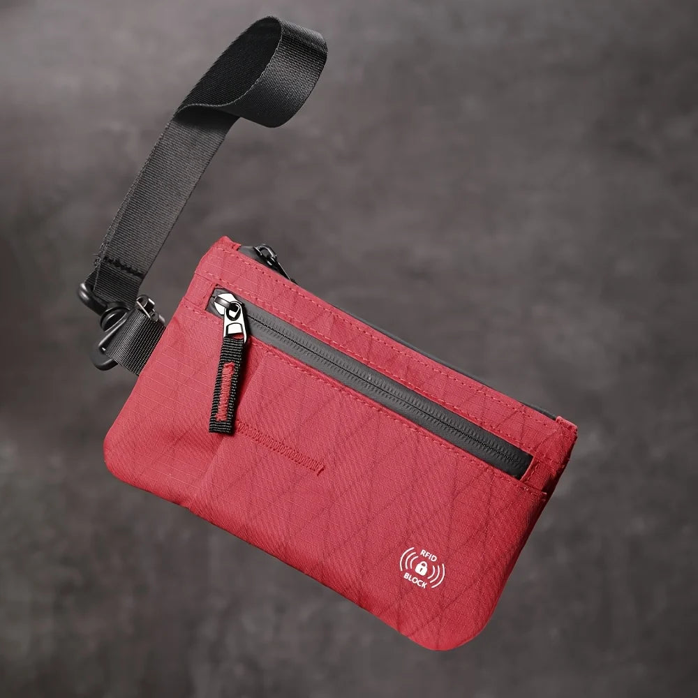 RFID Blocking Wrist Clutch Wallet – Nylon, Card Holder, Cash Pocket, Unisex, Full Black / Black-Red