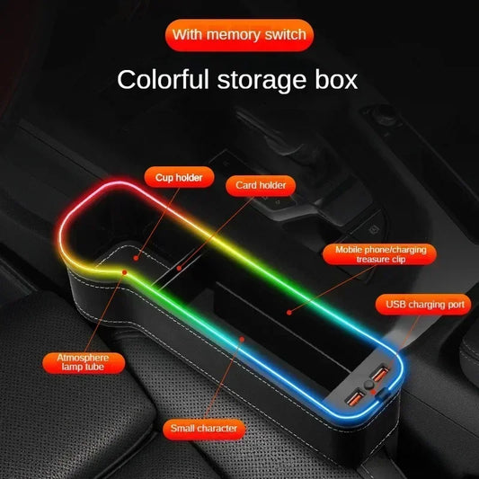 Car Seat Gap Storage Box with USB Charging Ports and LED Ambient Light Organizer