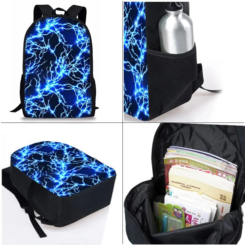 Thunder & Lightning 3D Cartoon School Backpack 3-Piece Set – Backpack, Lunch Bag & Pencil Case for Boys & Girls