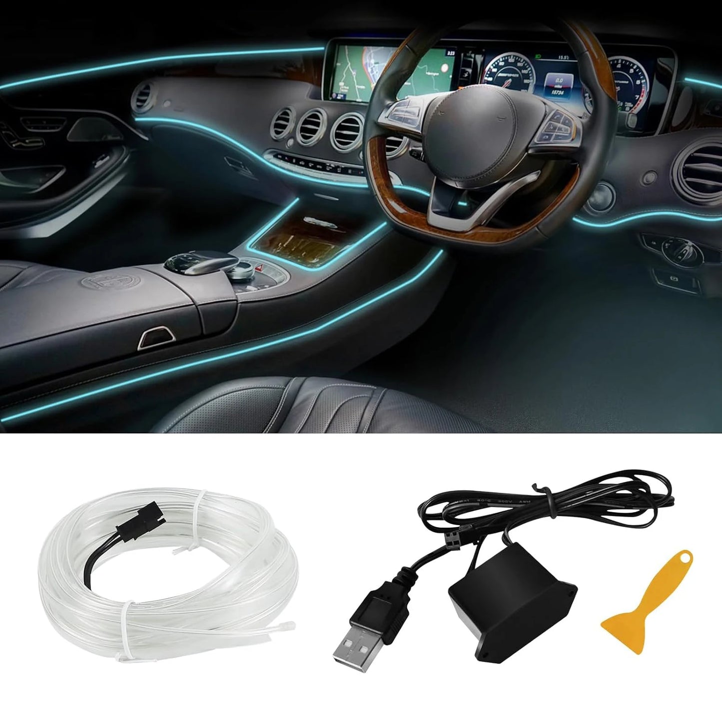 EL Wire Car Interior Ambient Light Strip – 5m, USB, Flexible Neon, 4 Colors