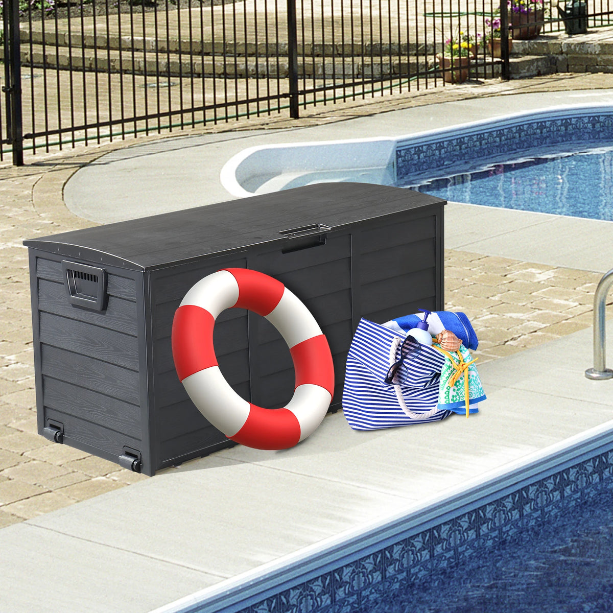 75 Gallon Outdoor Deck Box – 280L Wheeled Lockable Storage Chest with Wood-Effect Finish