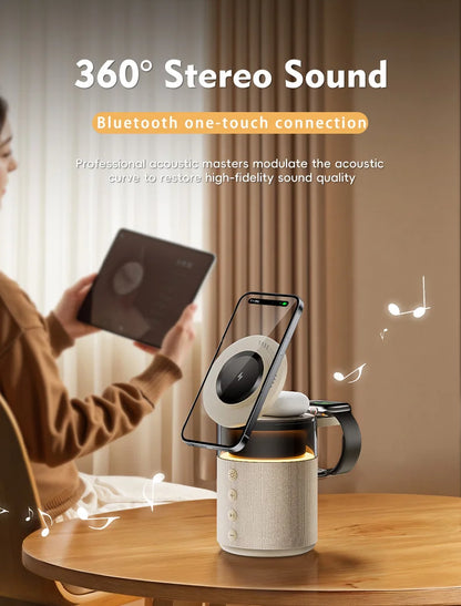 5 in 1 Magnetic Wireless Charging Station with Bluetooth Speaker and Night Light Fast Charger for iPhone Watch AirPods