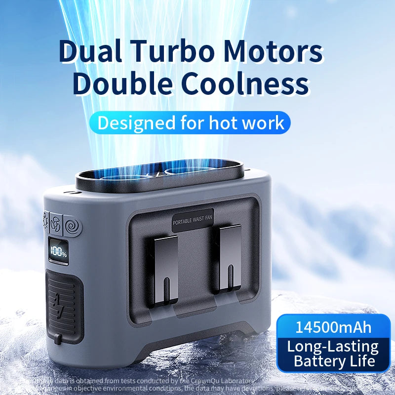 Portable Waist Fan 14500mAh – Dual Turbo Motors, 5 Speeds, Waist & Neck Clip Fan
