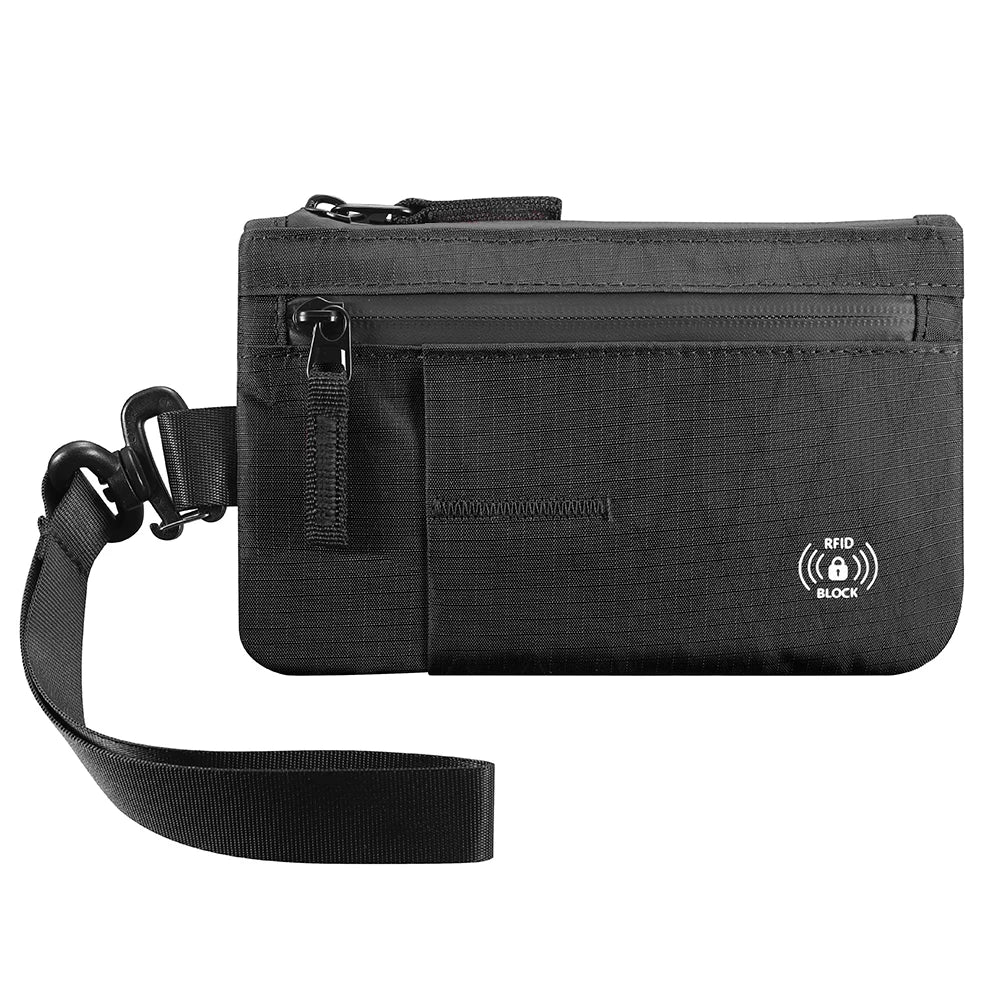 RFID Blocking Wrist Clutch Wallet – Nylon, Card Holder, Cash Pocket, Unisex, Full Black / Black-Red