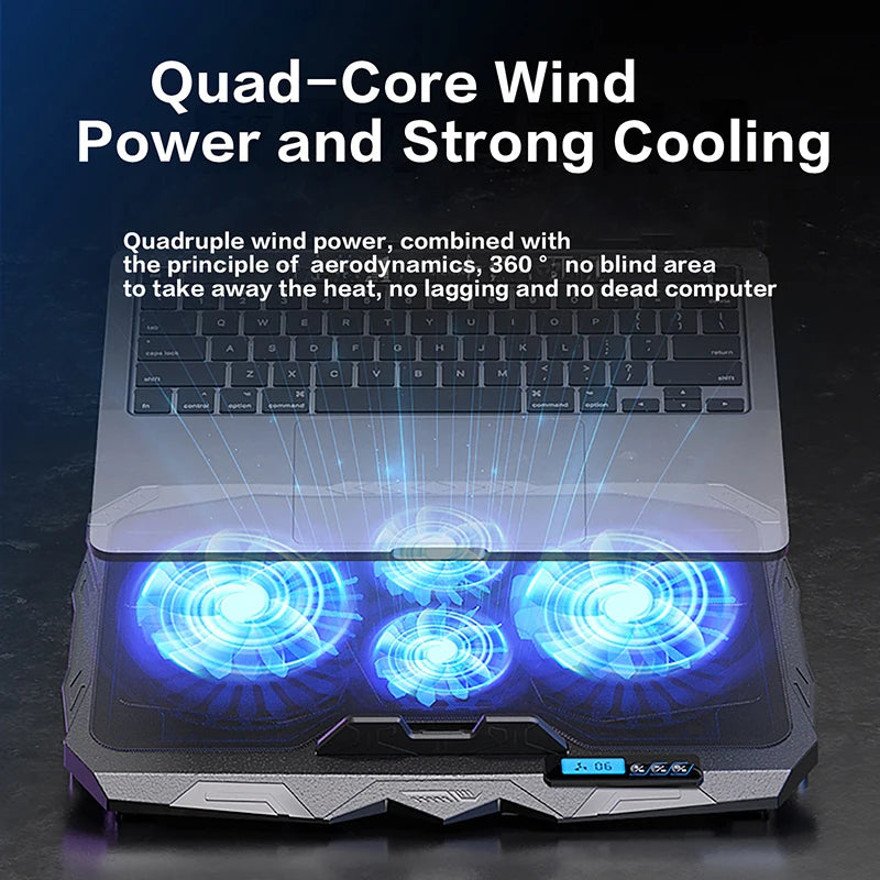 Laptop Cooling Stand for 17” – 5 Height Levels, 6 Fan Speeds, 4 Fans, LCD Display & Dual USB Ports