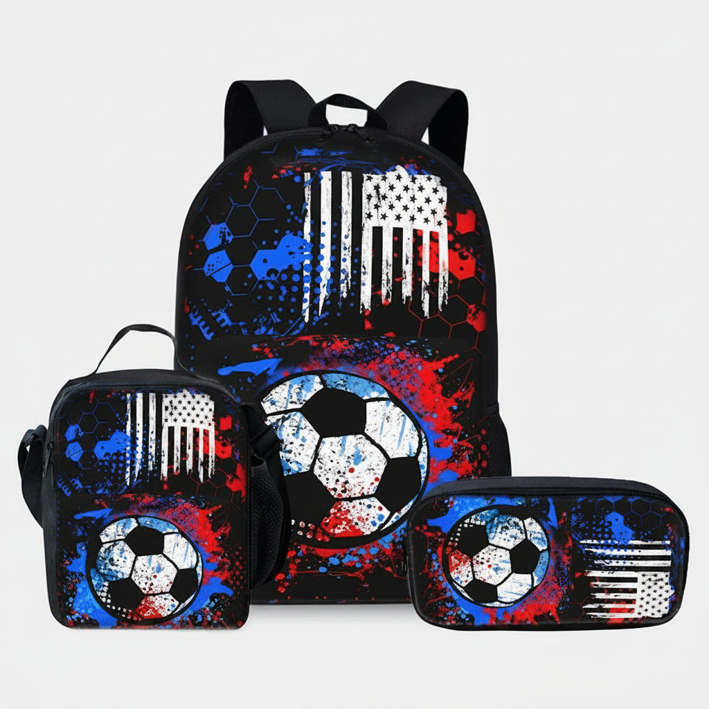 3-Piece Soccer Cartoon School Bag Set – Backpack, Lunch Bag & Pencil Case for Boys & Girls