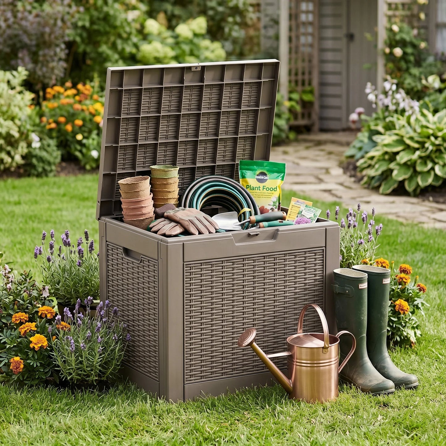 30 Gallon Outdoor Resin Deck Box – Rattan Textured Weatherproof Lockable Storage Chest