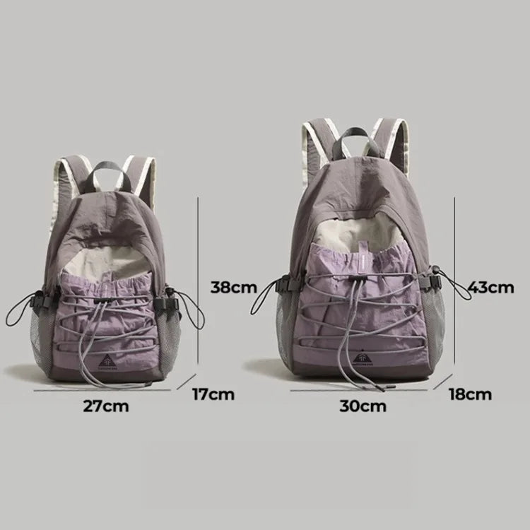 Two views of a light purple backpack with dimension markings showing measurements in centimeters (27cm, 30cm, 38cm, 43cm, 17cm, 18cm) on a solid gray background.