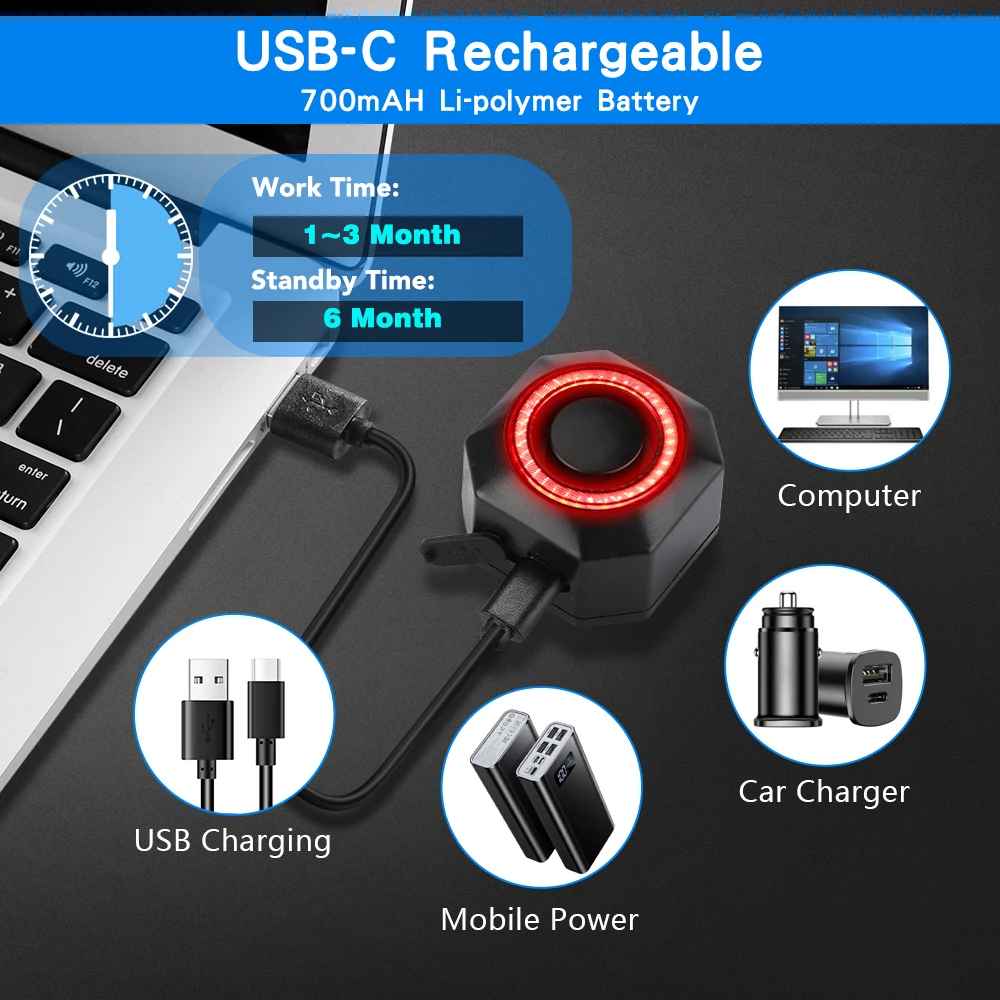 Smart Bike Tail Light with Alarm and Brake Sensing – 110dB