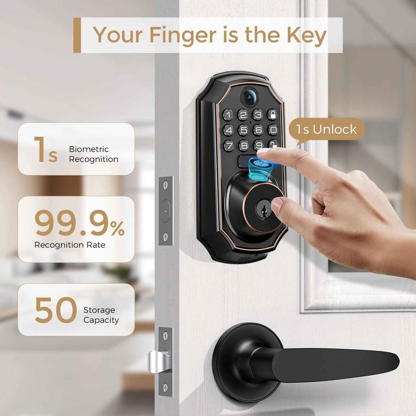 Smart Video Door Lock with Camera and Doorbell, Fingerprint Keyless Entry