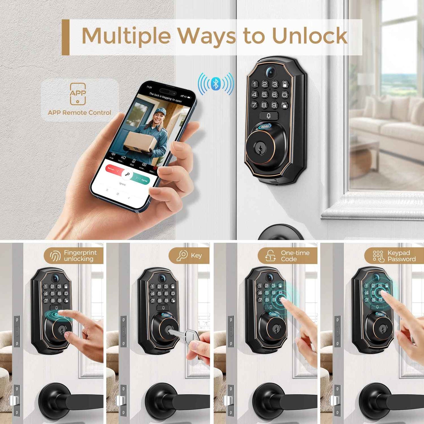 Smart Video Door Lock with Camera and Doorbell, Fingerprint Keyless Entry