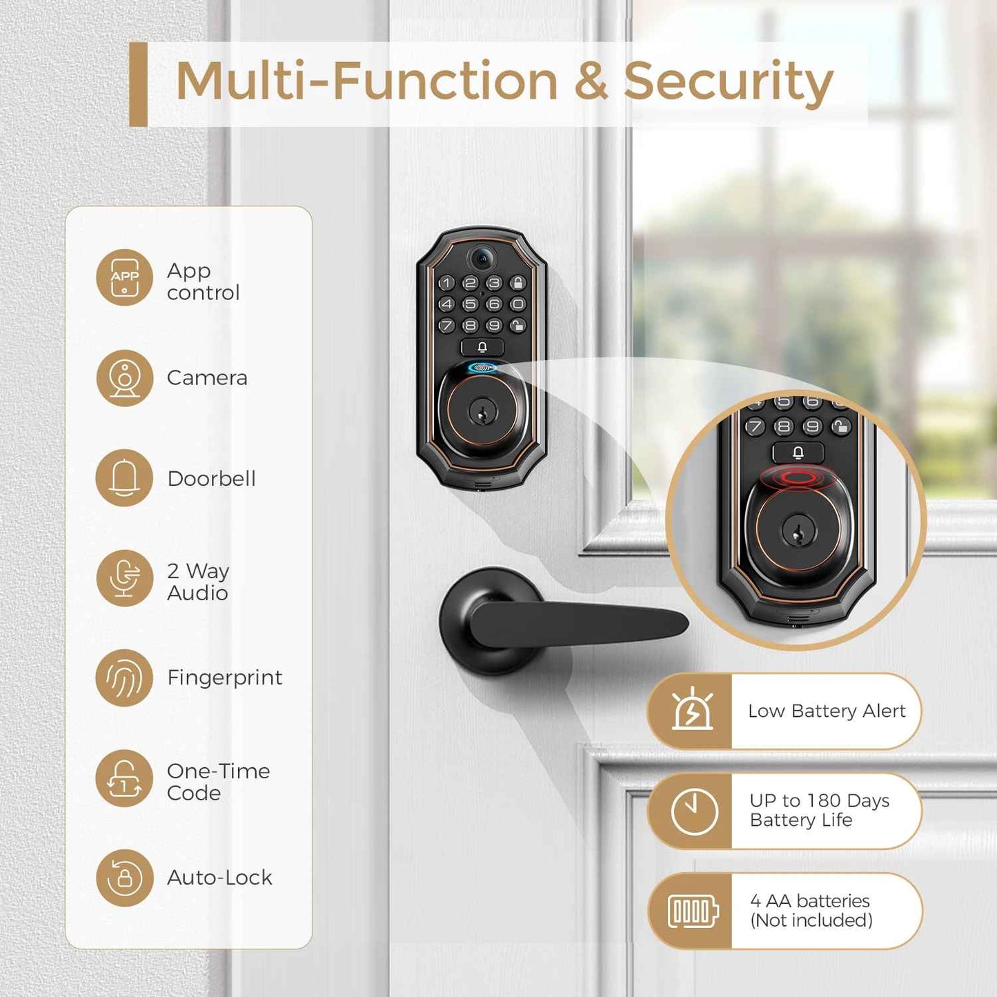 Smart Video Door Lock with Camera and Doorbell, Fingerprint Keyless Entry