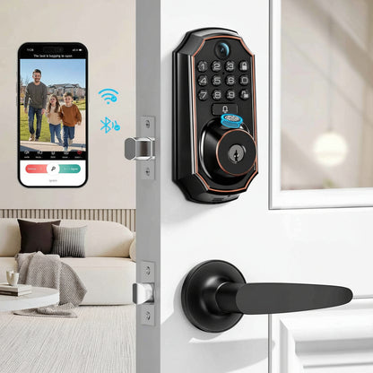 Smart video door lock with built-in camera and keypad installed on a residential door