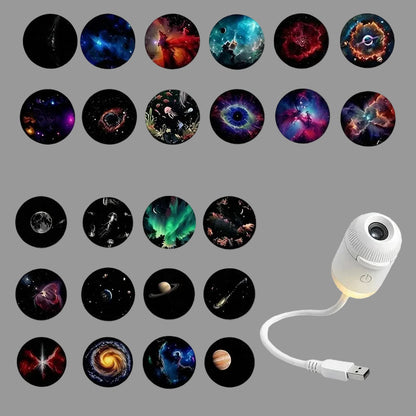 Star projector with USB cable and various galaxy designs on a white background