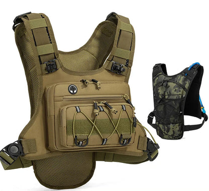 Tactical backpack with additional hydration pack on a white background
