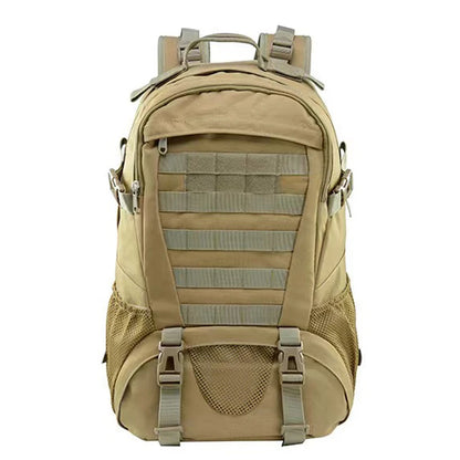 Tan backpack with multiple straps and pockets on a white background