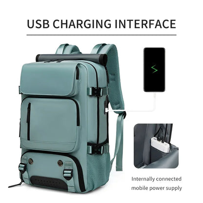 Teal backpack with USB charging interface and smartphone illustration on a white background