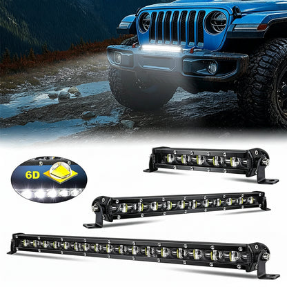 Three black 6D LED off-road light bars shown on a white background, with a blue Jeep in a muddy outdoor scene at the top demonstrating the lights. A circular inset shows the 6D LED light shape and brightness.